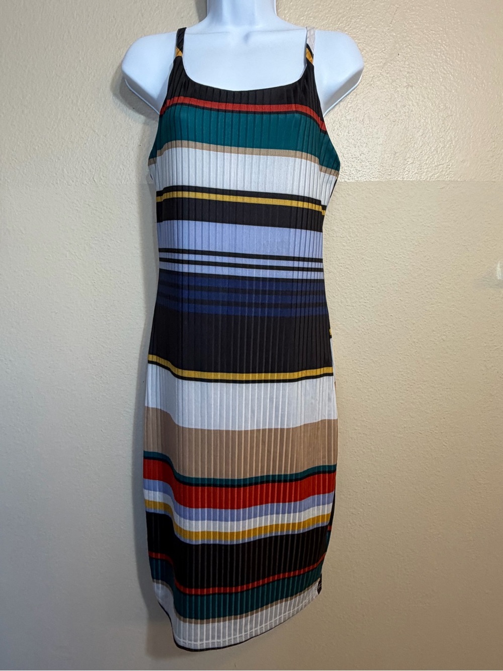 Lu NYC Striped Ribbed Stretch Lined Midi Dress in Multi-Color m